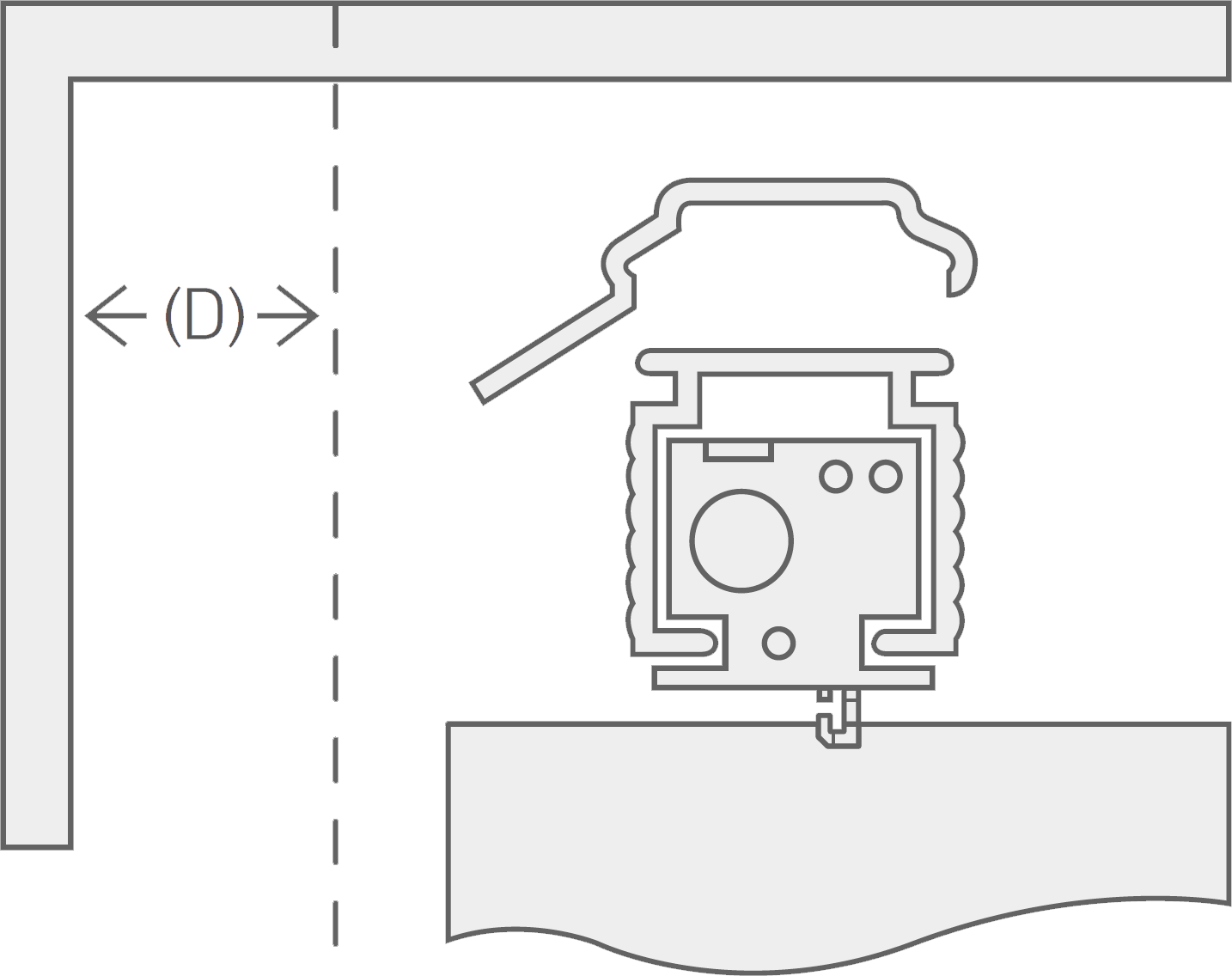A cross section view of the top of a vertical blind headrail 